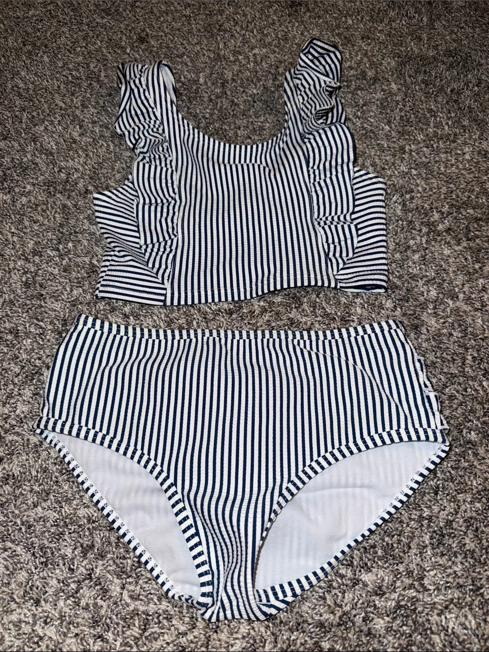 Girls Striped Ruffle Butts  Bikini Set - Navy and White size 10